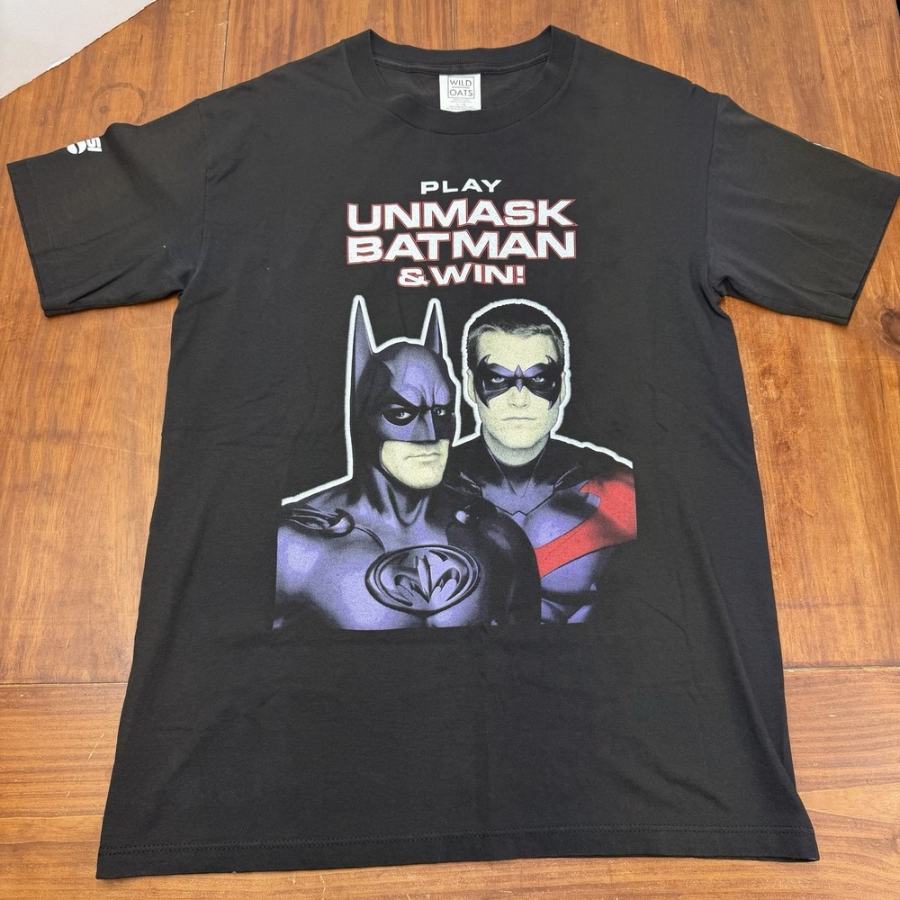Vtg 1997 Batman & Robin Movie Promo L T-Shirt NWOT Wild Oats Play Unmask & Win